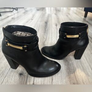 Tory Burch Black Heeled Ankle Boots with Gold Accents